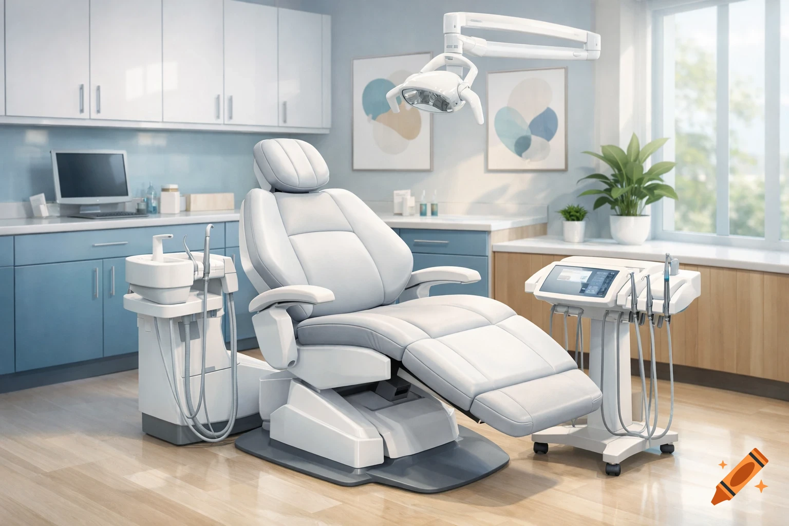 A modern, clean dental clinic interior with a light grey dental chair, white and blue cabinets, and medical equipment.