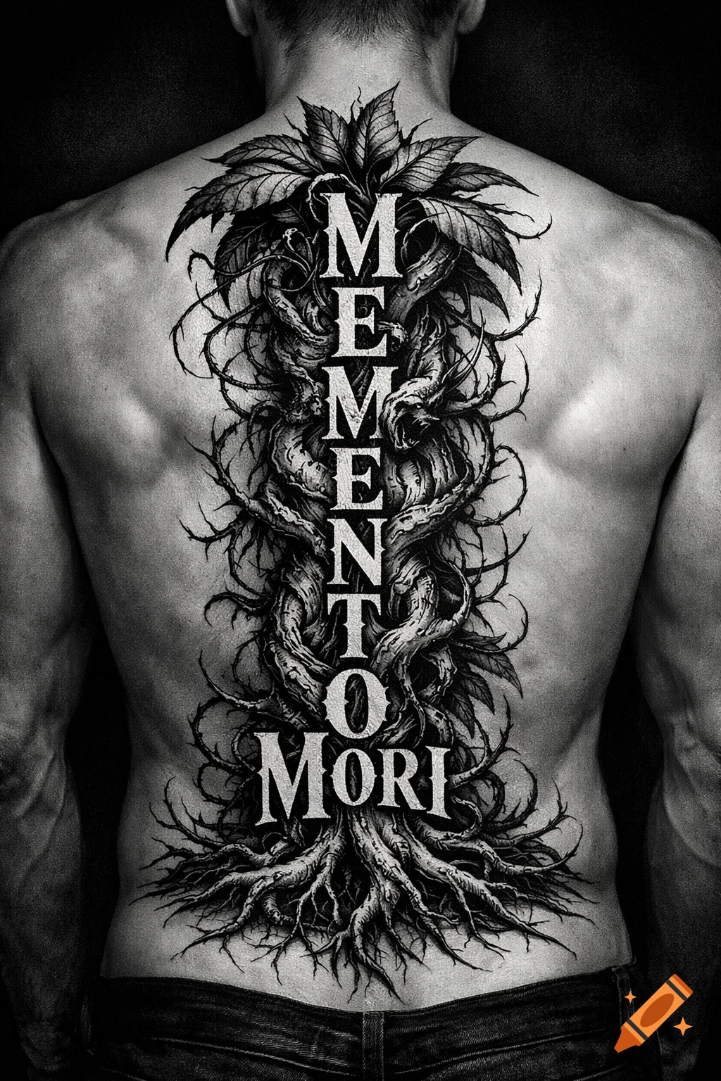 A black and white image of a man's back with a large 'Memento Mori' tattoo, featuring roots and leaves.