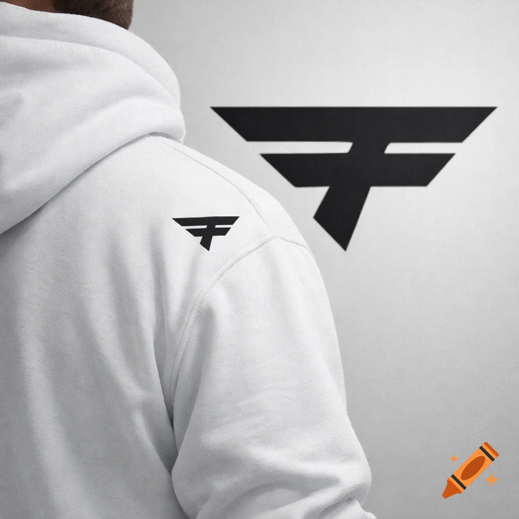 A person from behind wearing a white hoodie with a small black stylized 'F' logo on the shoulder, a larger version of the logo on the wall.