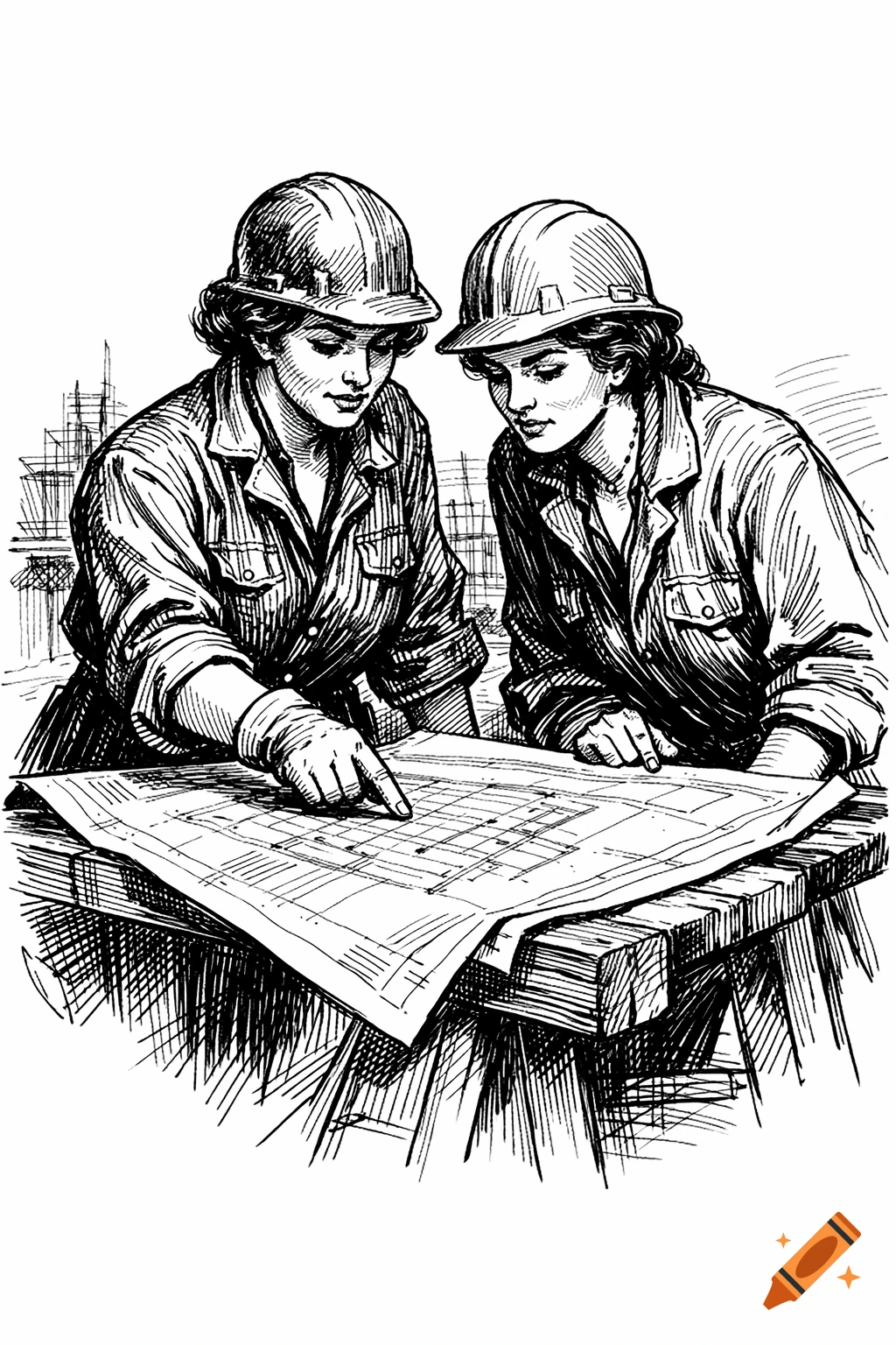 Pen and ink drawing of two women in hard hats and work clothes, pointing at a blueprint on a wooden table.
