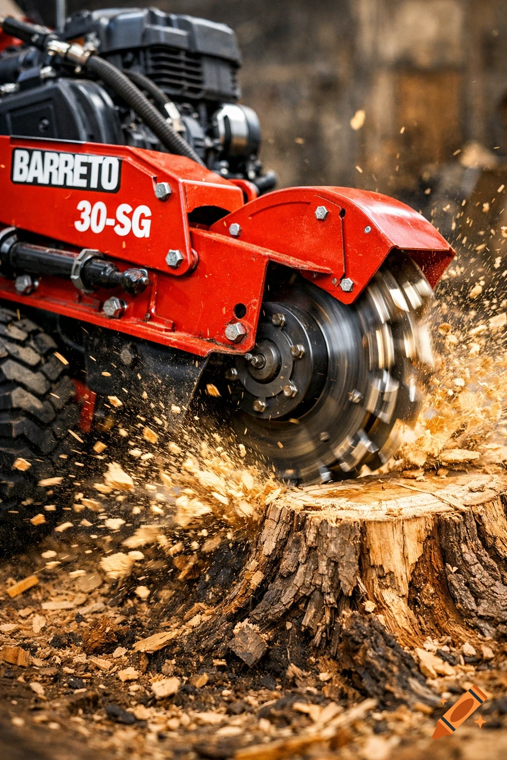 A red Barreto 30-SG stump grinder cutting a tree stump with wood chips flying, close-up.