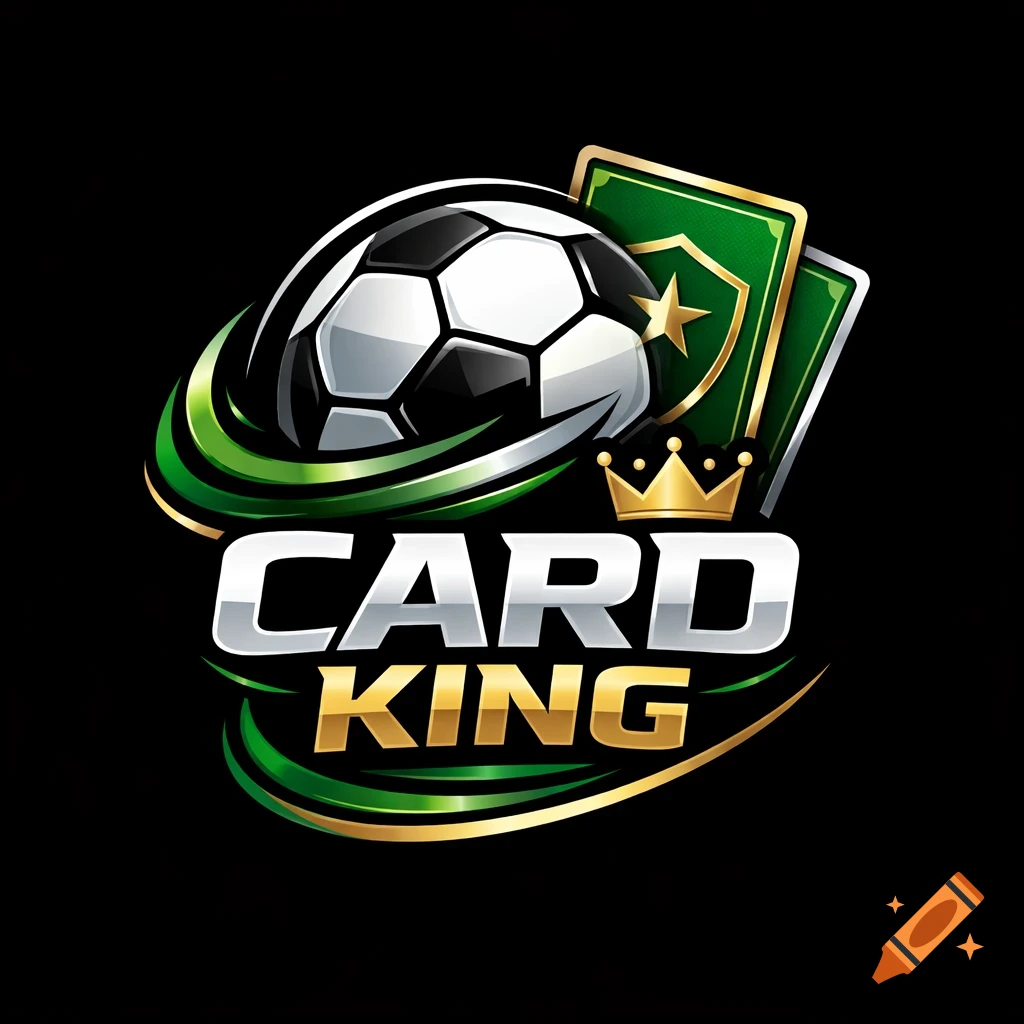 A glossy logo featuring a soccer ball, green playing cards, a gold crown, and the text CARD KING on a black background.