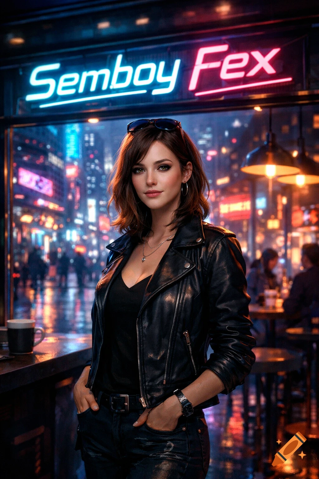 A woman in a leather jacket stands in a neon-lit futuristic city cafe at night, with a sign reading 'Semboy Fex'.