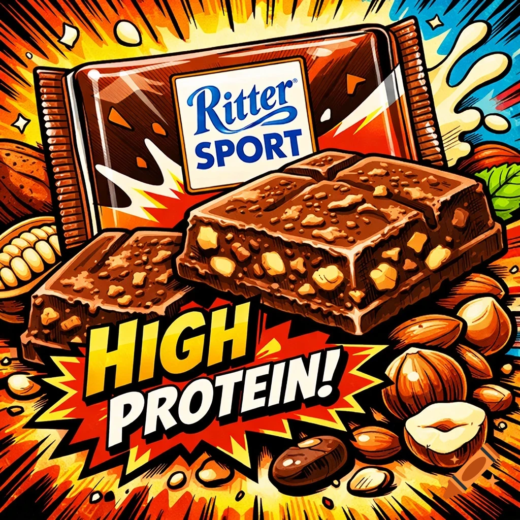A comic-style illustration of a Ritter Sport chocolate bar, broken pieces, and nuts, with "HIGH PROTEIN!" text.