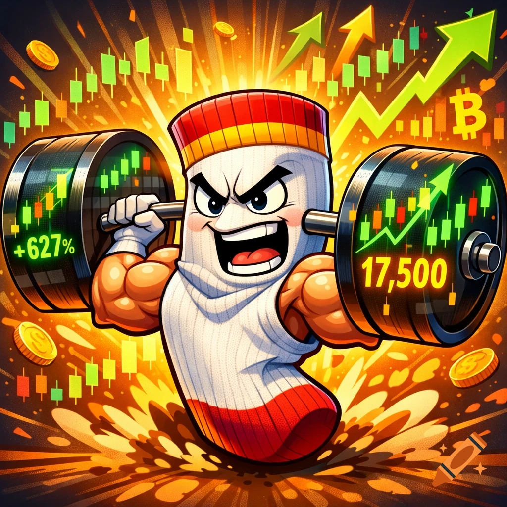 A strong cartoon sock with muscular arms lifts a barbell with crypto charts on its plates, against a backdrop of glowing financial graphs and coins.