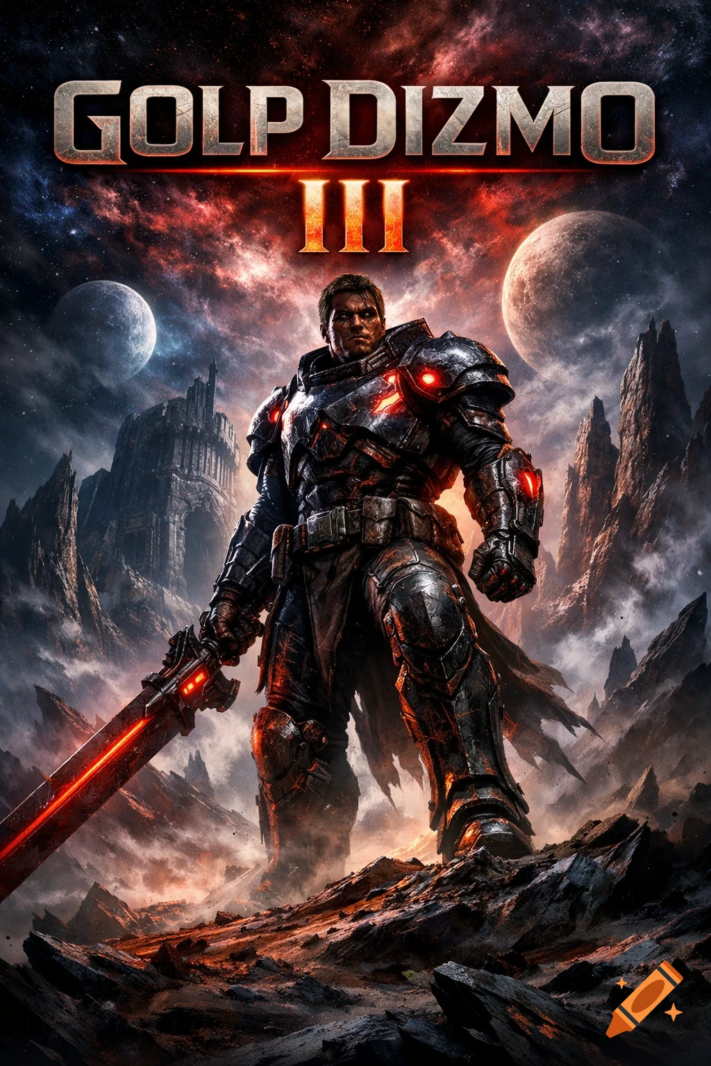 A dramatic video game cover art showing a heavily armored warrior with a glowing sword on an alien planet under a stormy sky, text reads 'GOLP DIZMO III'.