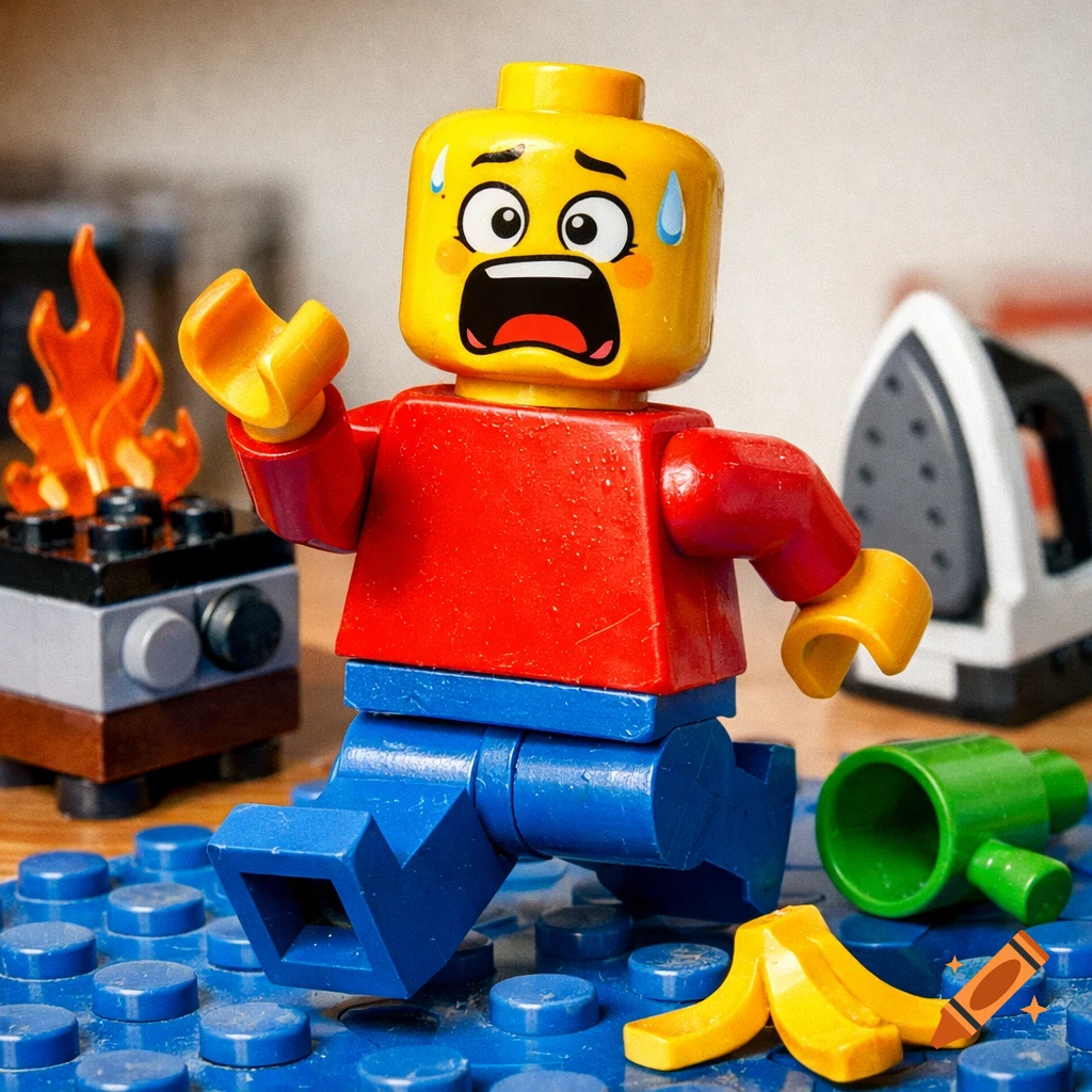 A panicked Lego minifigure runs past a small fire, a hot iron, and spills on a banana peel on a blue Lego baseplate.