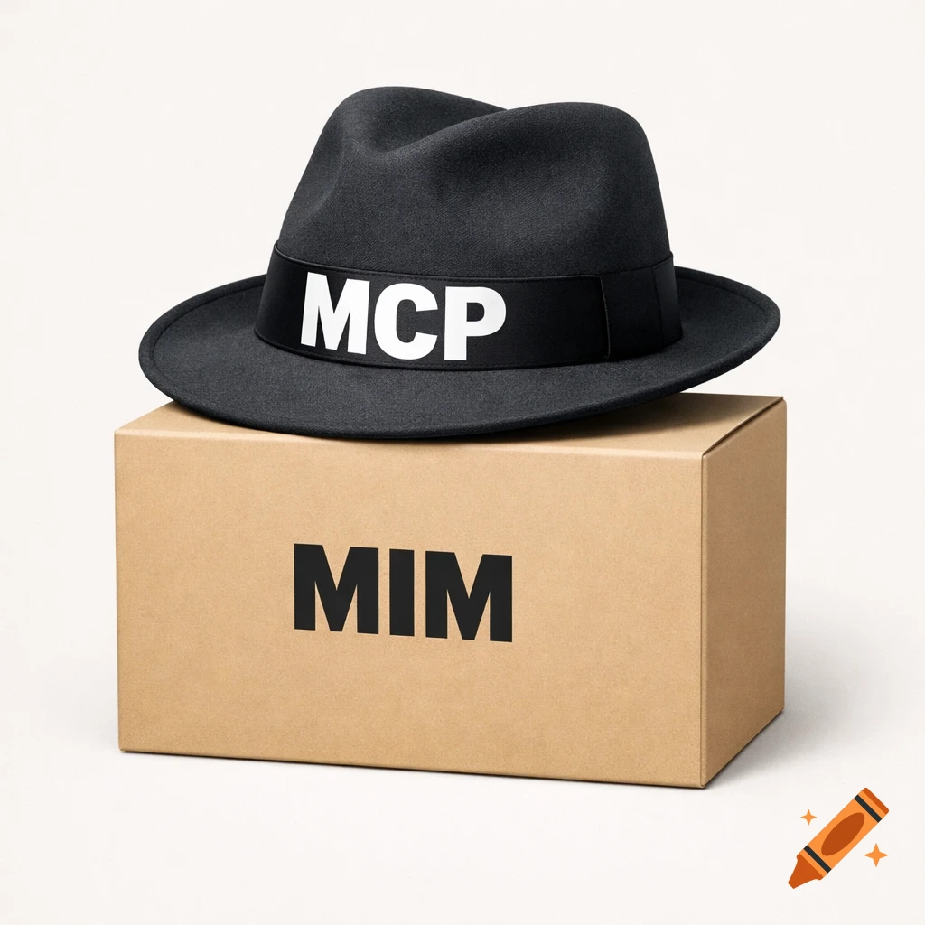 A black fedora with the word MCP on its band sits on a brown cardboard box with the word MIM.
