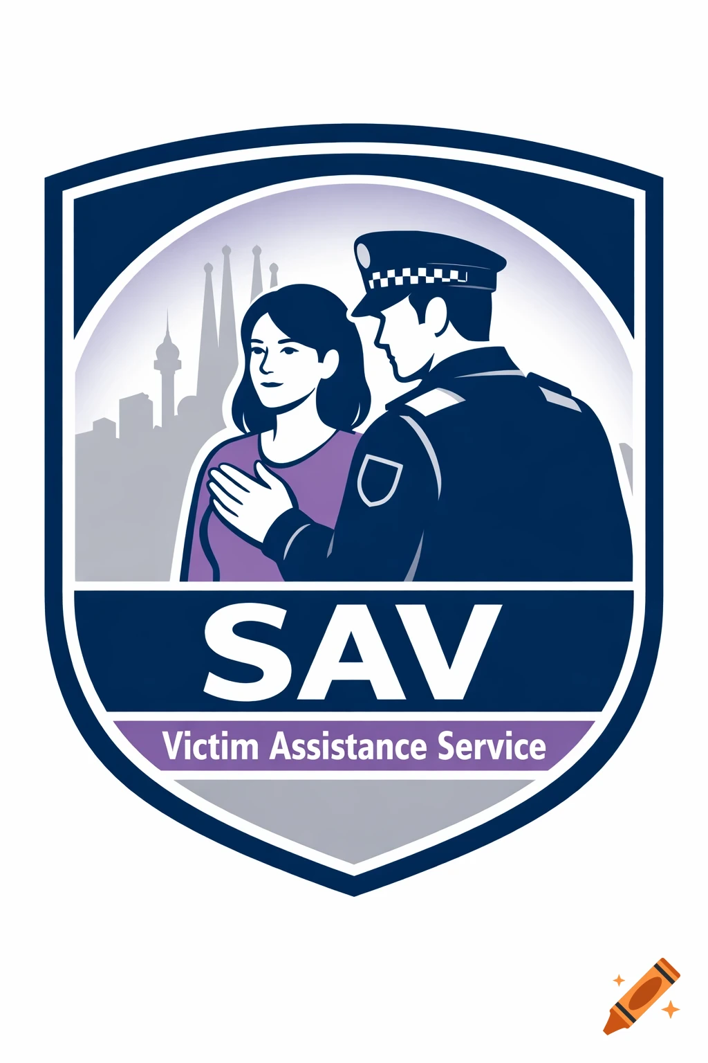 Vector emblem featuring a police officer and a woman in a supportive pose, with the Barcelona skyline, and text 'SAV Victim Assistance Service'.
