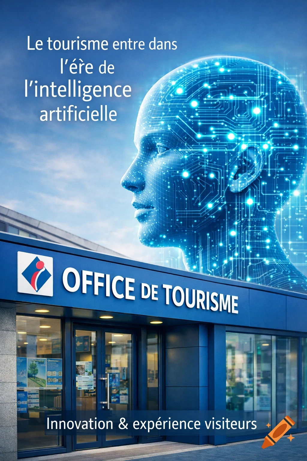 A blue tourism office building with a glowing circuit-patterned futuristic human head in the sky, featuring text about AI in tourism.