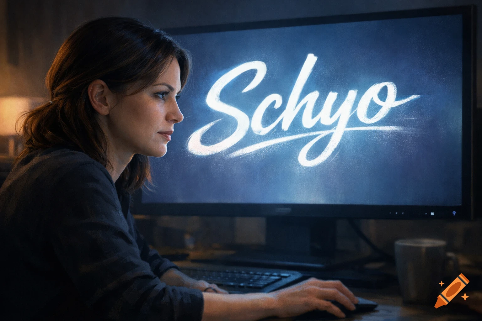 A woman with brown hair sits in profile, looking intently at a computer monitor displaying the glowing white text 'Schyo' on a dark blue background.