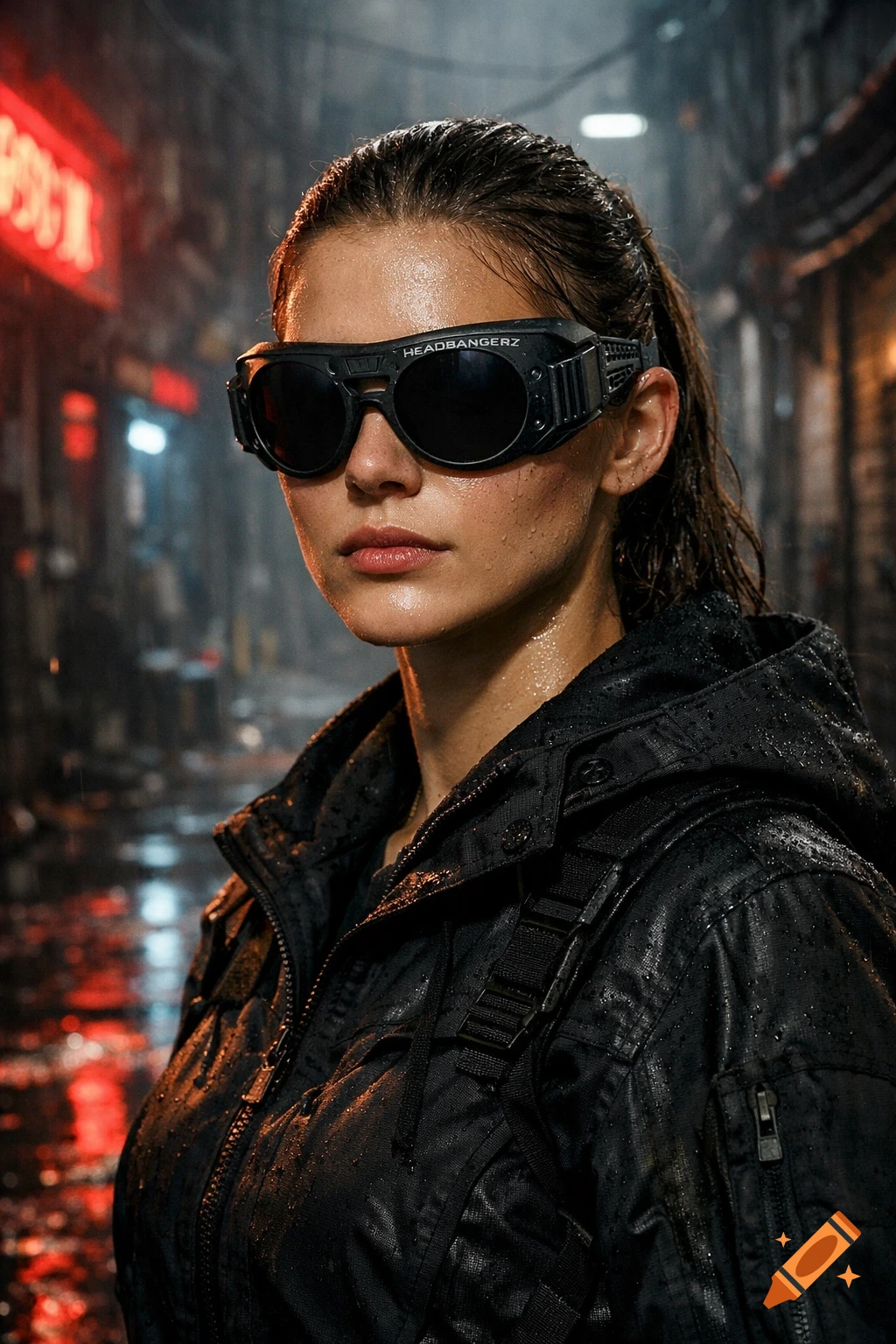 Photorealistic portrait of a woman in black cyberpunk goggles and wet jacket, standing in a rainy, neon-lit dystopian city at night.