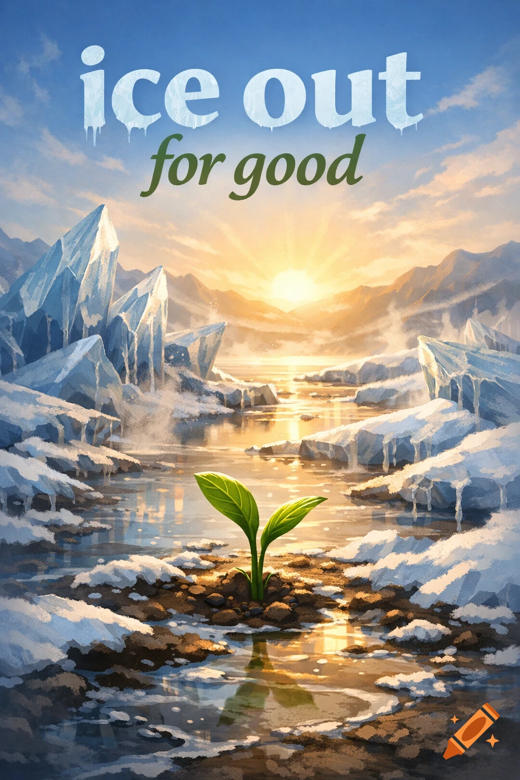 A vibrant green sprout in melting ice and thawing ground, under a bright sunrise, with text 'ice out for good'.