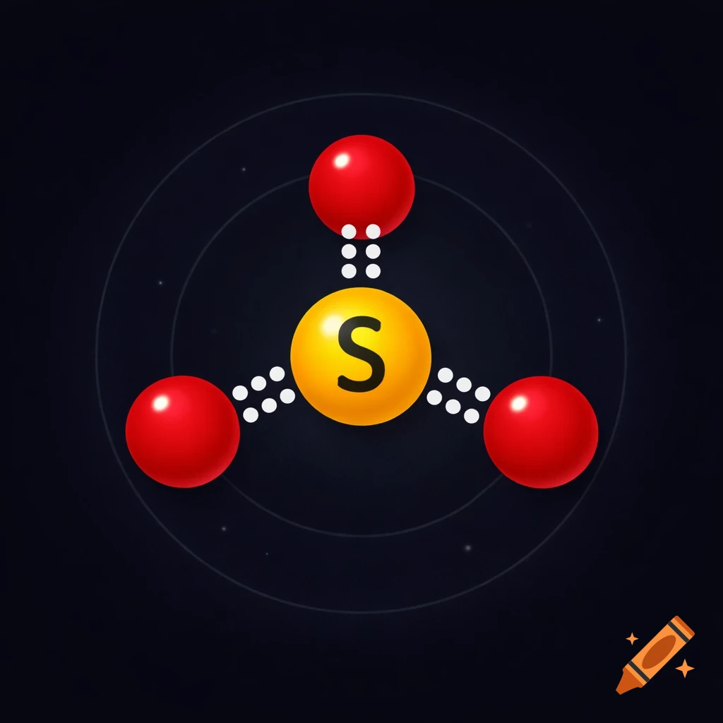 An illustration of a molecule, with a central yellow sphere labeled 'S' bonded to three red spheres via white dots, set against a dark background with faint concentric circles and stars.
