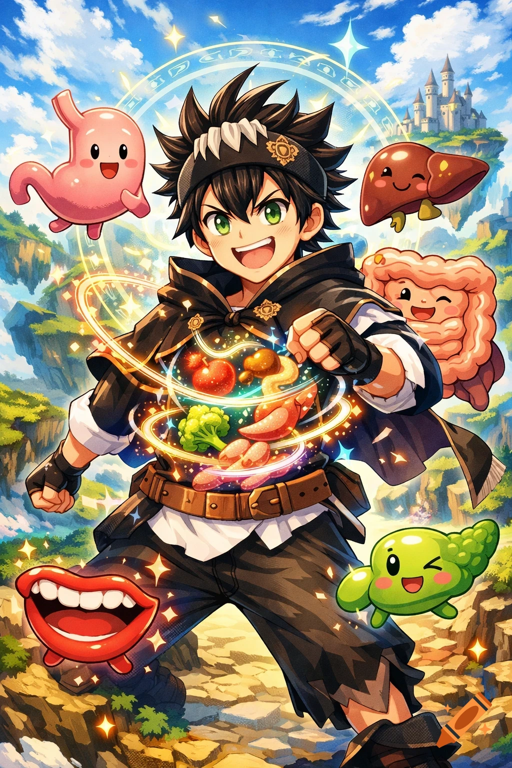 An anime boy in fantasy clothes holds glowing food, surrounded by cute cartoon organs, a mouth, and a castle.