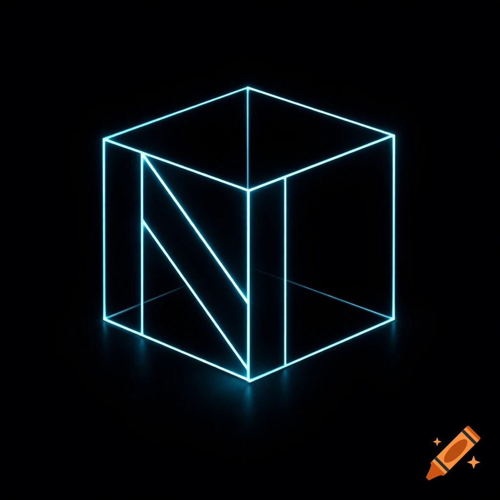 A neon blue wireframe cube on a black background, with internal lines forming the letter 'N' on two faces.