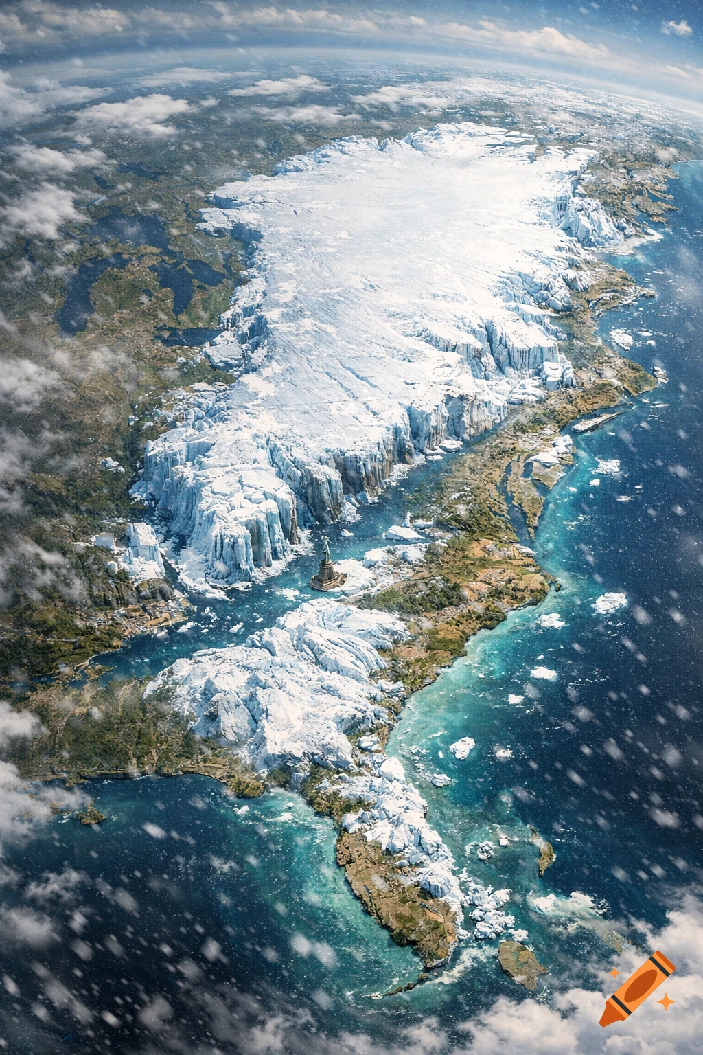 Aerial view of a glaciated East Coast US, with ice, open water, and the Statue of Liberty. Snow falls from a cloudy sky.