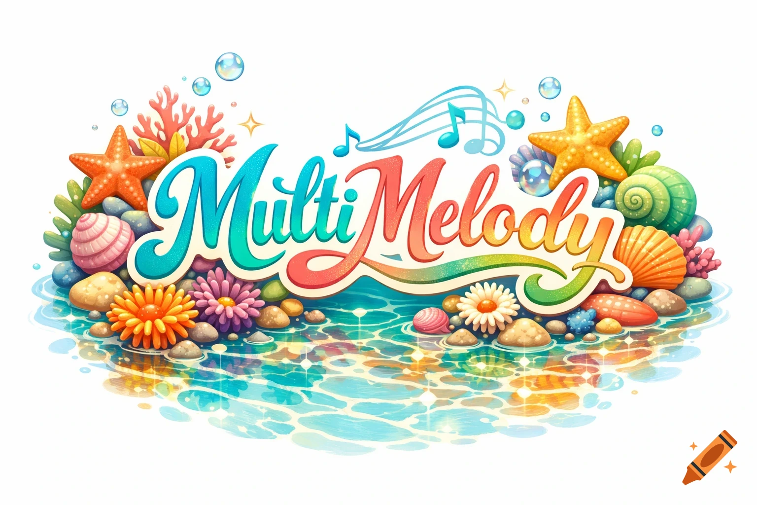 Colorful, whimsical graphic with 'MultiMelody' text, surrounded by starfish, shells, coral, and sparkling water.