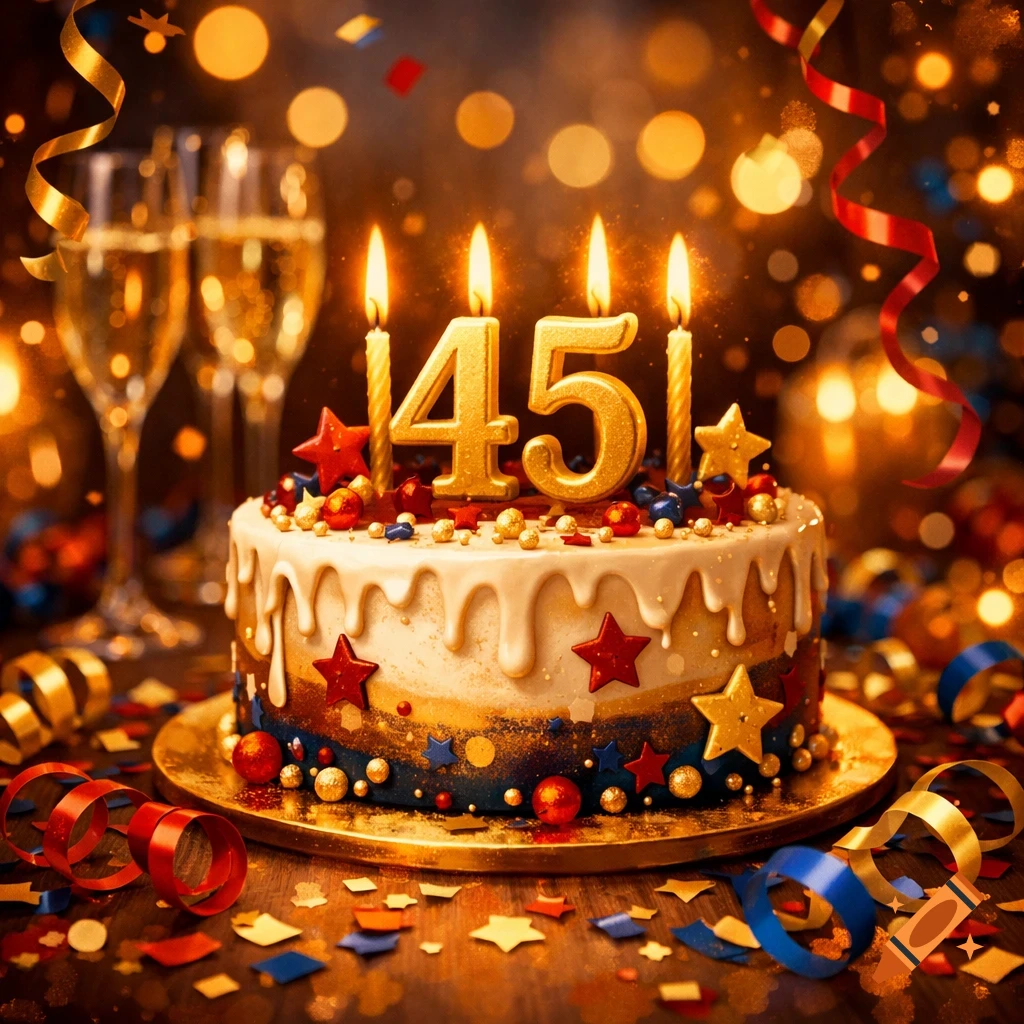 A festive birthday cake decorated with "45" candles, surrounded by champagne flutes, confetti, and ribbons, with a bokeh background.
