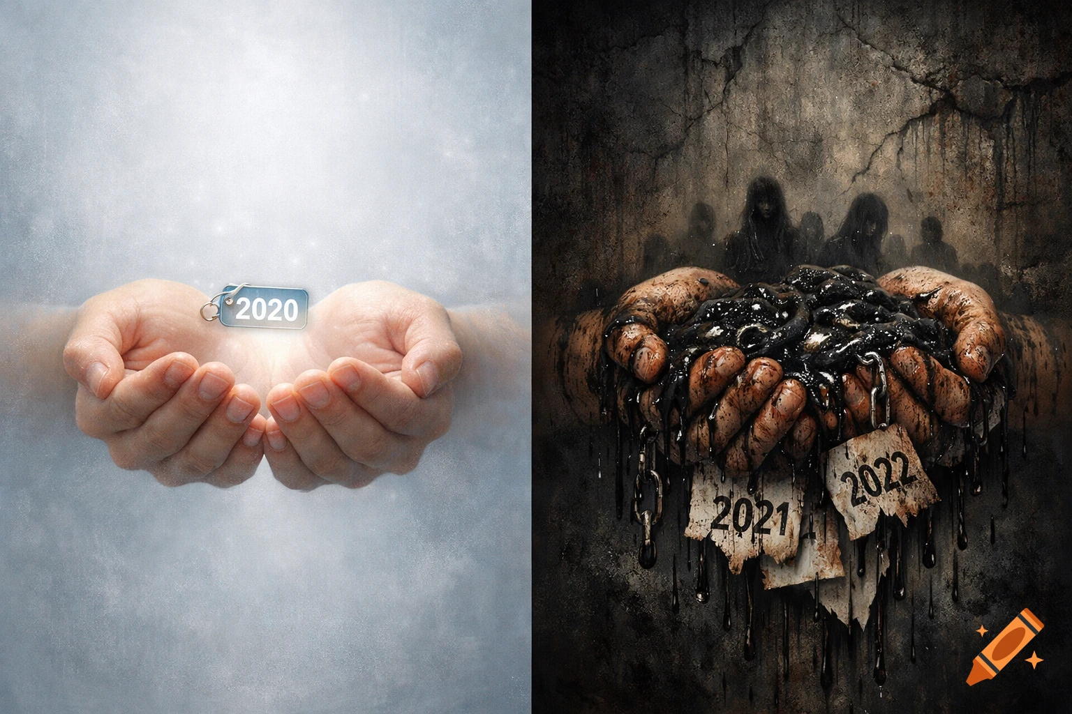 Diptych showing clean hands holding a glowing '2020' tag on the left, contrasting with dirty hands overflowing with tar, chains, and '2021', '2022' tags on the right, against a dark, cracked wall.