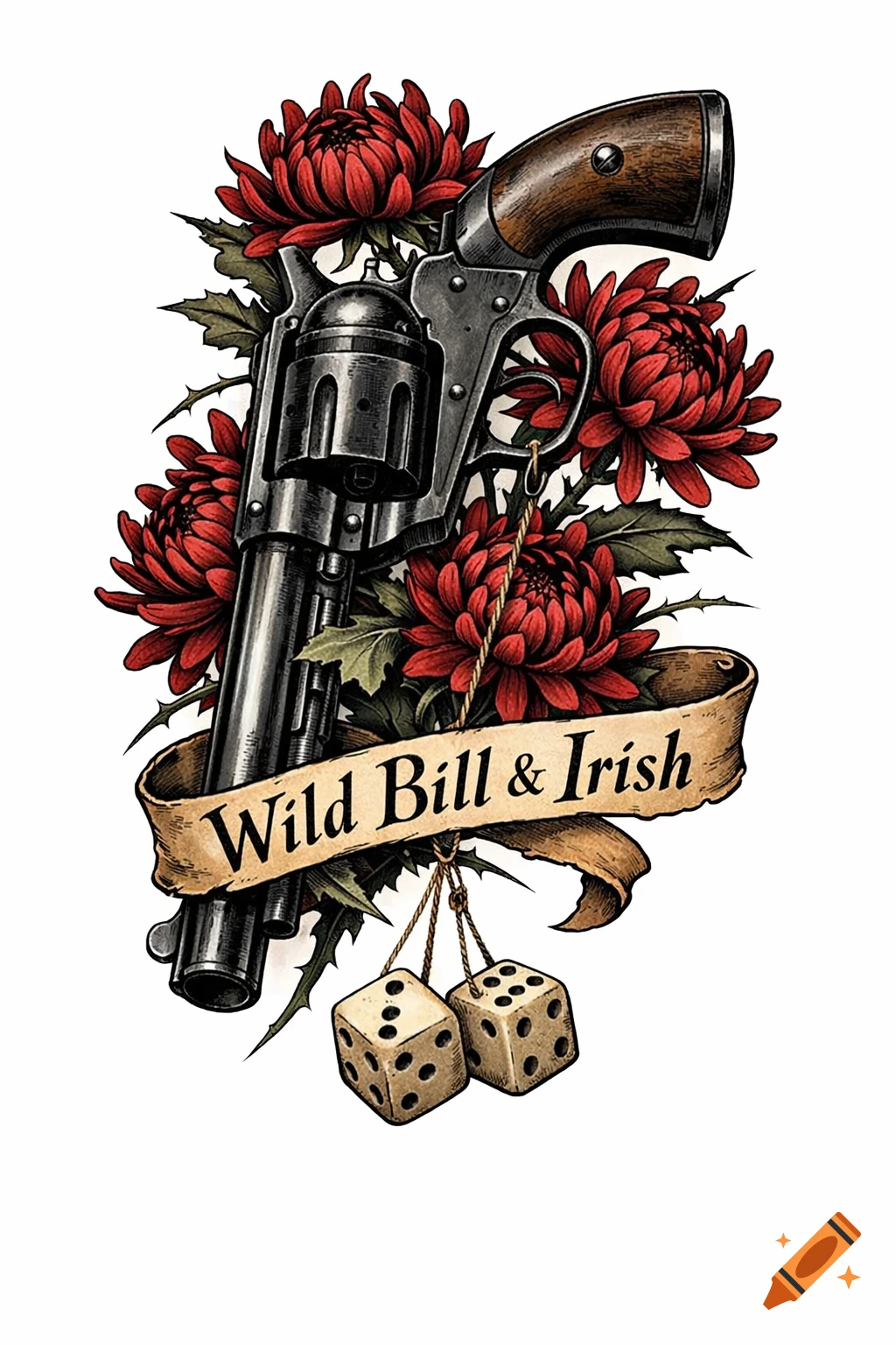 Vintage realism tattoo art featuring an antique revolver surrounded by red chrysanthemums, dice, and a banner reading 'Wild Bill & Irish'.
