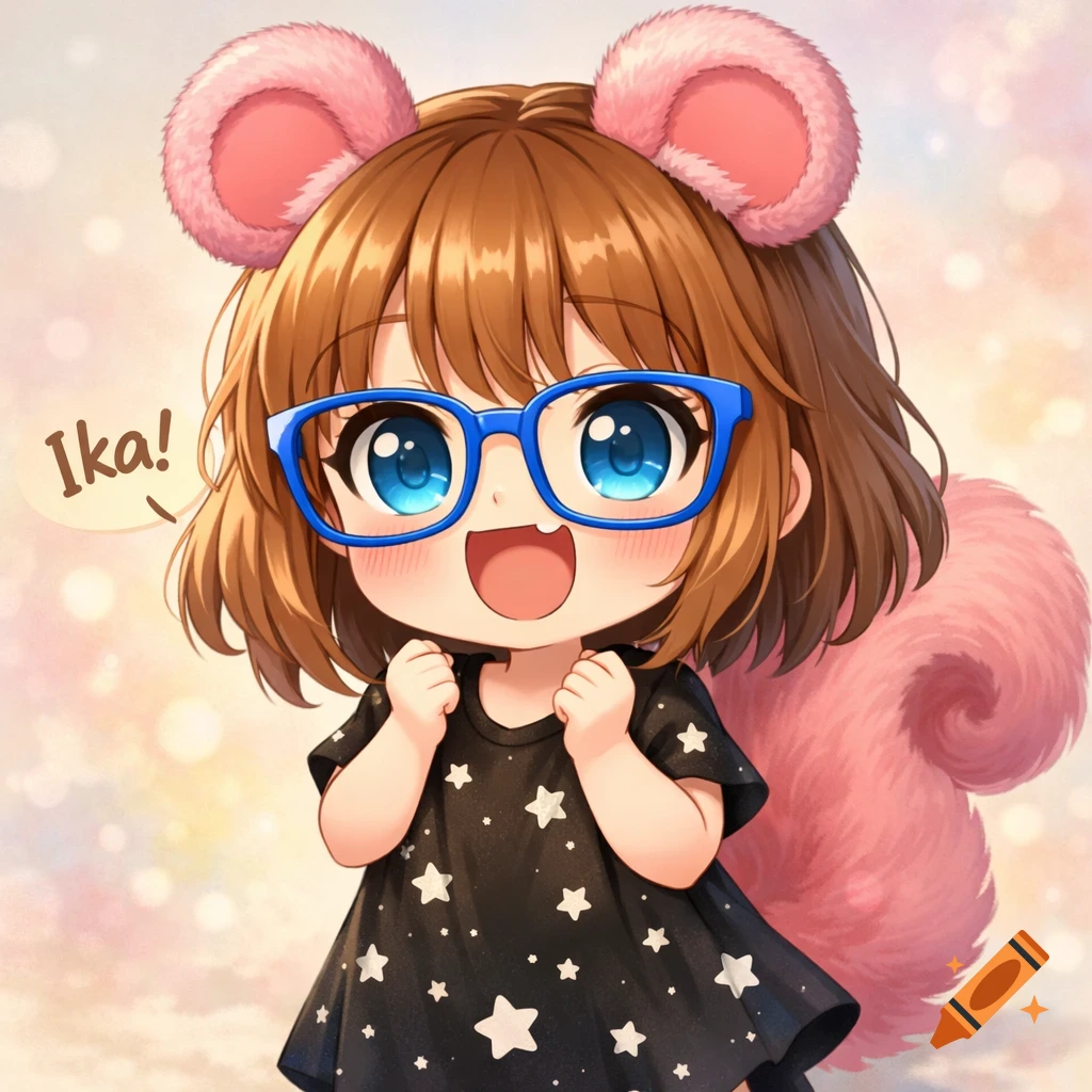 Chibi anime girl with brown hair, blue glasses, pink furry ears and tail, wearing a black star dress, smiling and saying 'Ika!'.