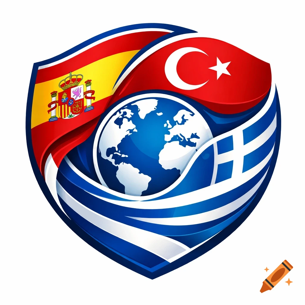 Vibrant shield-shaped logo with flags of Spain, Turkey, and Greece swirling around a blue and white globe.