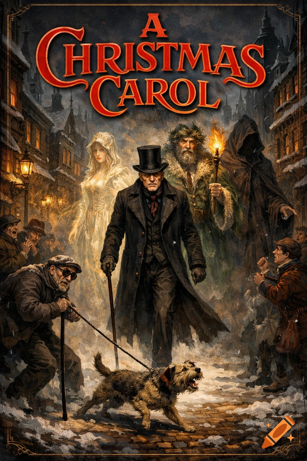 Illustrated book cover for A Christmas Carol, showing Scrooge and three ghosts on a snowy Victorian street, with townspeople and a dog.
