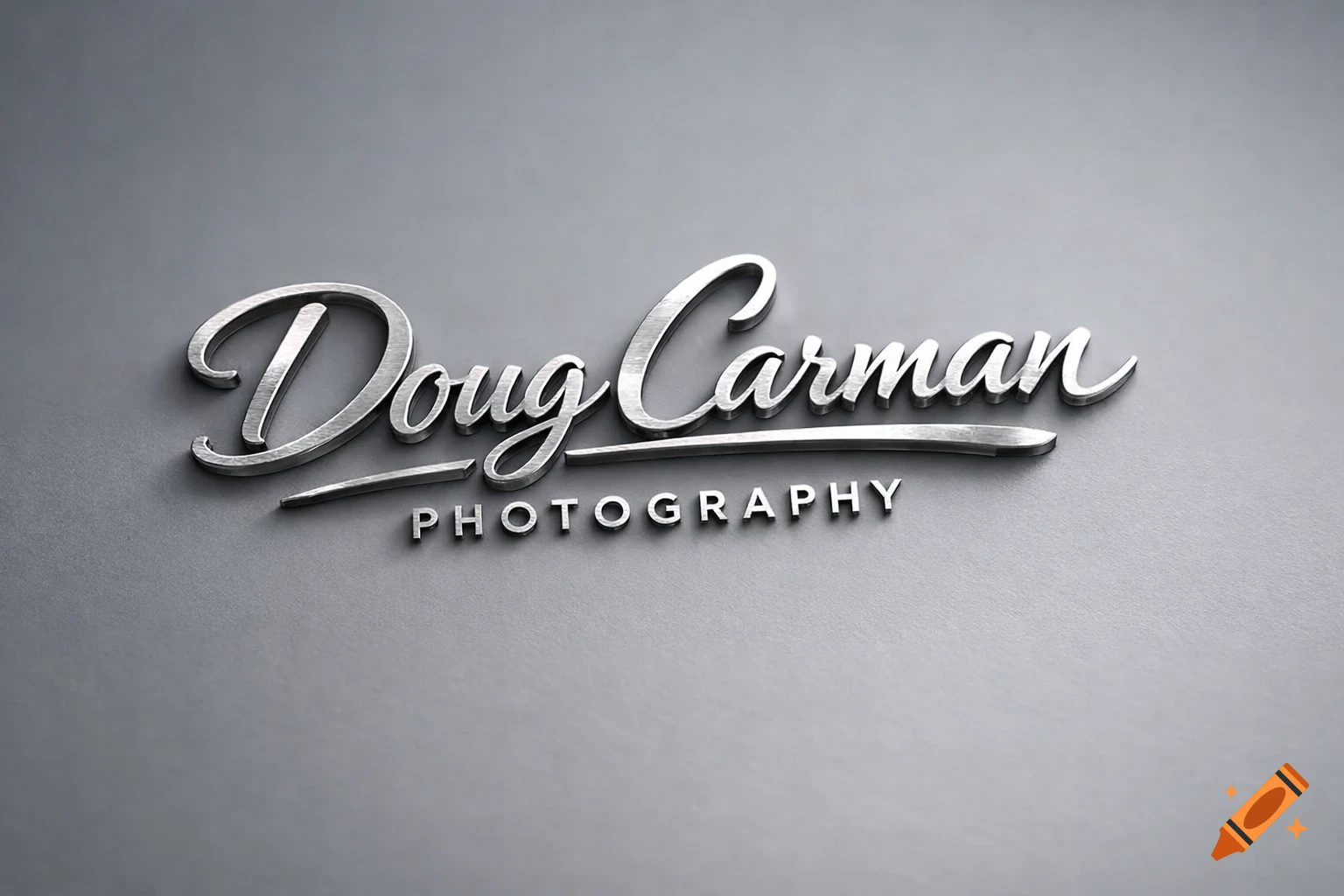 3D metallic logo for 'Doug Carman Photography' with brushed texture, casting shadows on a gray background.