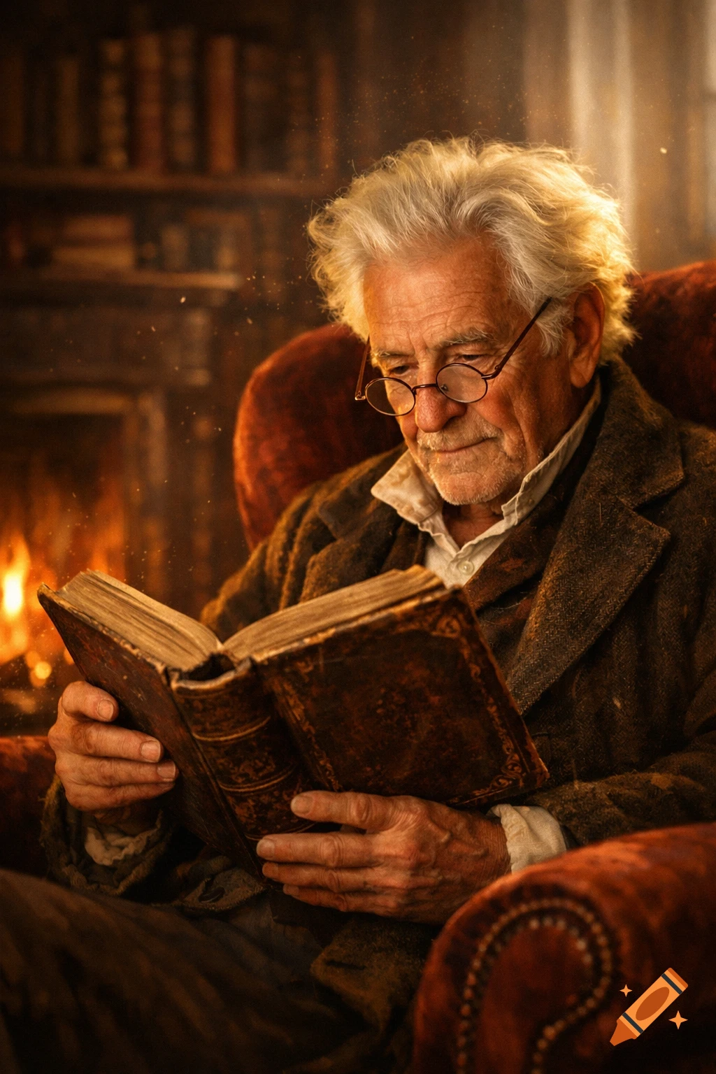 An elderly man with white hair and glasses reads a large, old book in a cozy, dimly lit room with a fireplace and bookshelves.