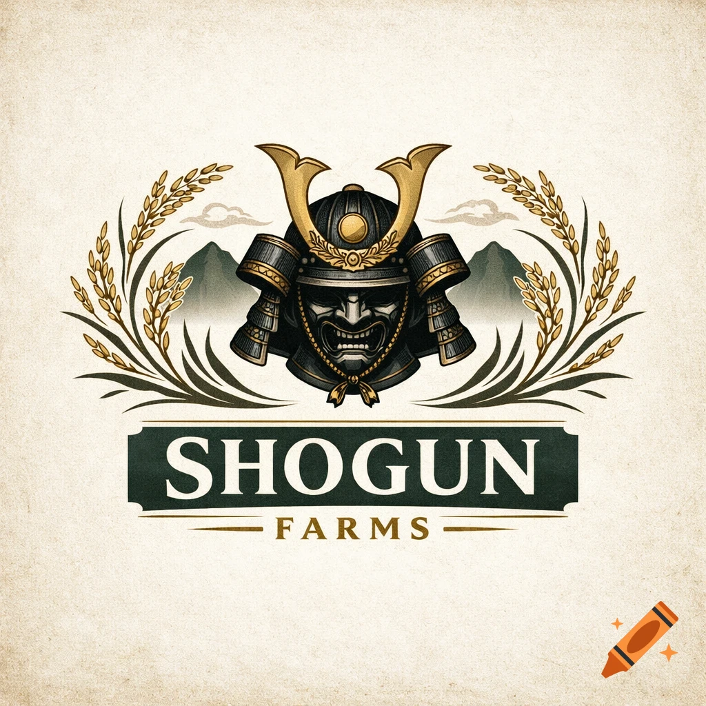 A stylized logo featuring a fierce samurai helmet flanked by golden rice stalks and mountains, with "SHOGUN FARMS" text.