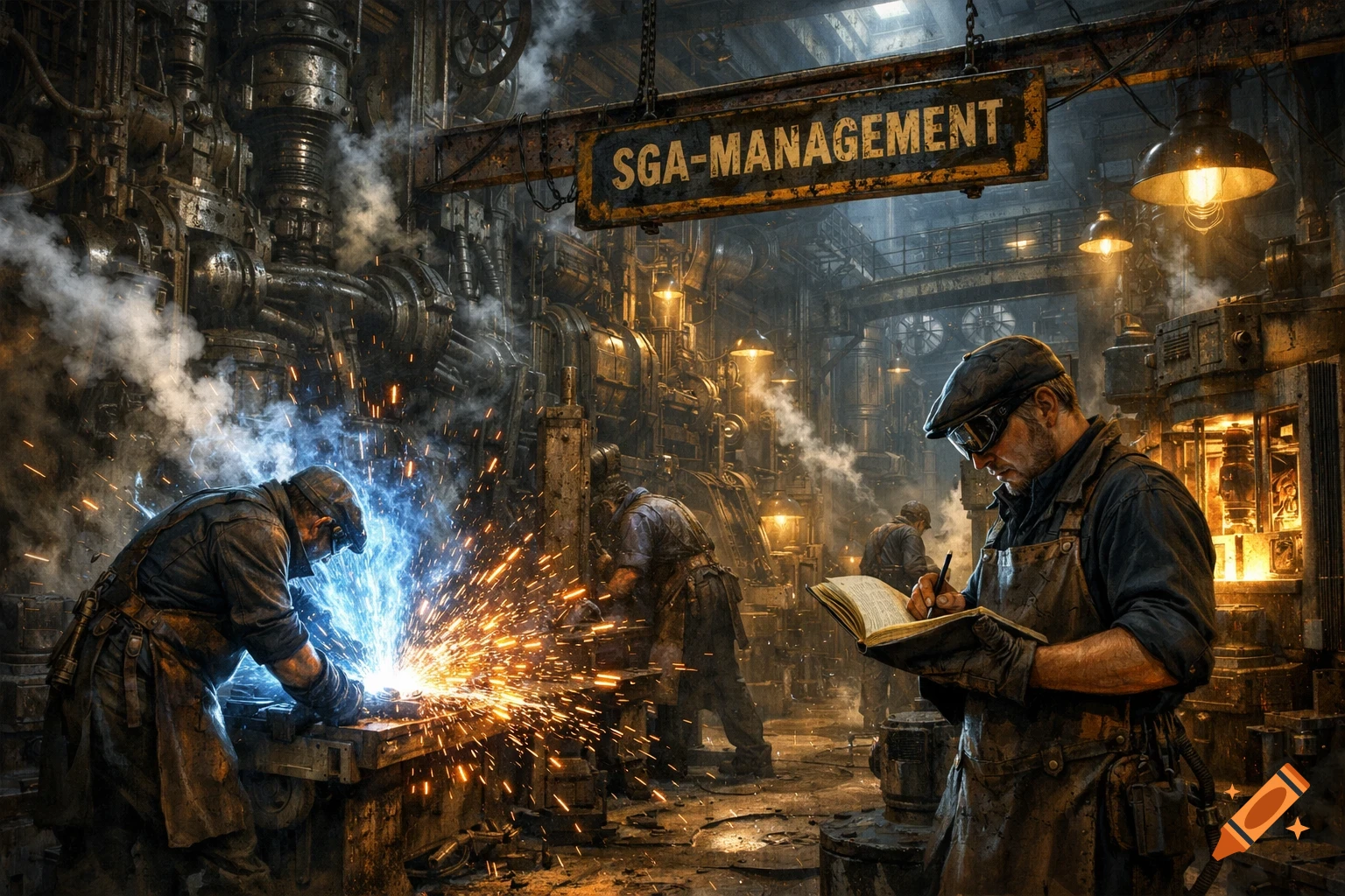 A steampunk-style industrial factory with workers welding, creating blue sparks and orange embers, and another worker writing in a book under a "SGA-MANAGEMENT" sign.