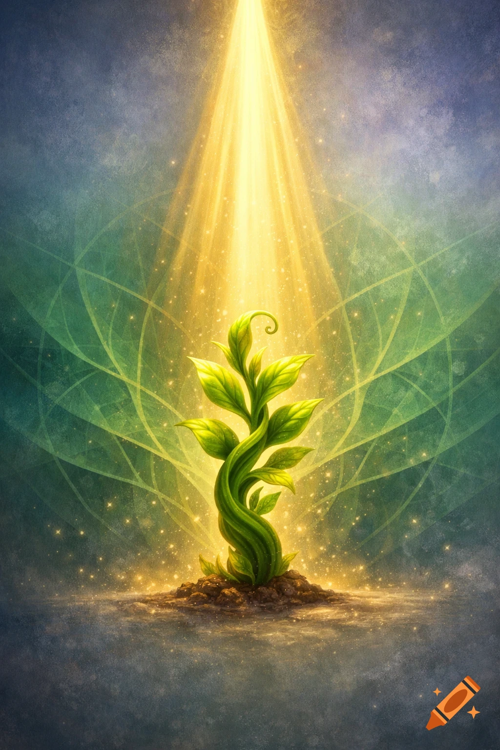 A vibrant green plant sprouts from soil, illuminated by a golden light beam, against a swirling blue and green background.