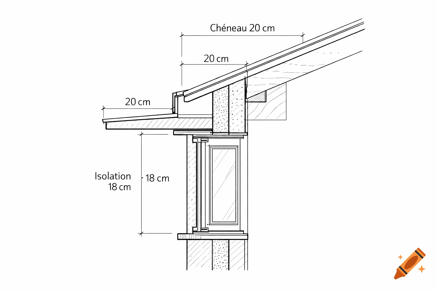 Technical architectural cross-section drawing of a roof edge with a gutter and an insulated wall with a window, showing measurements.