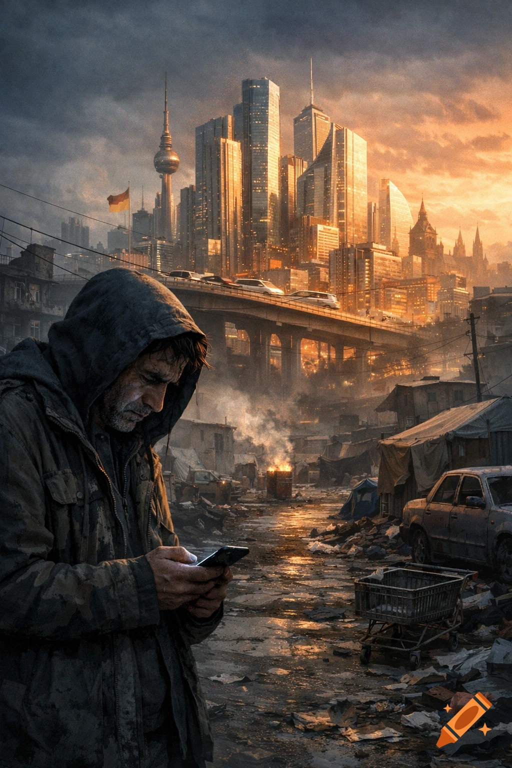 A hooded man in a decaying street looks at his phone, a gleaming golden city skyline rises dramatically in the background at sunset, photorealistic.