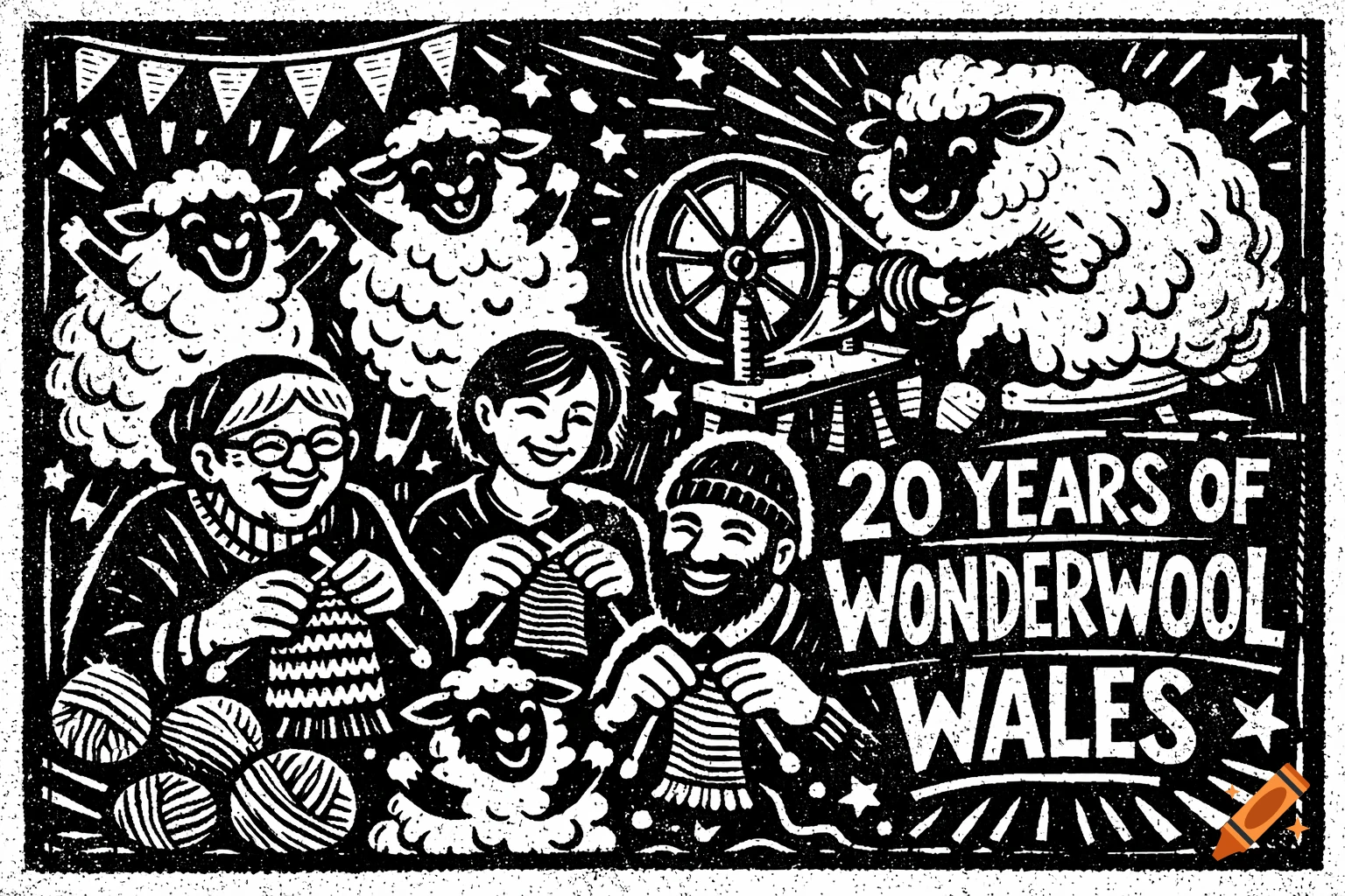 Black and white linocut illustration of happy people knitting with sheep celebrating. One sheep at a spinning wheel. Text reads '20 YEARS OF WONDERWOOL WALES'.