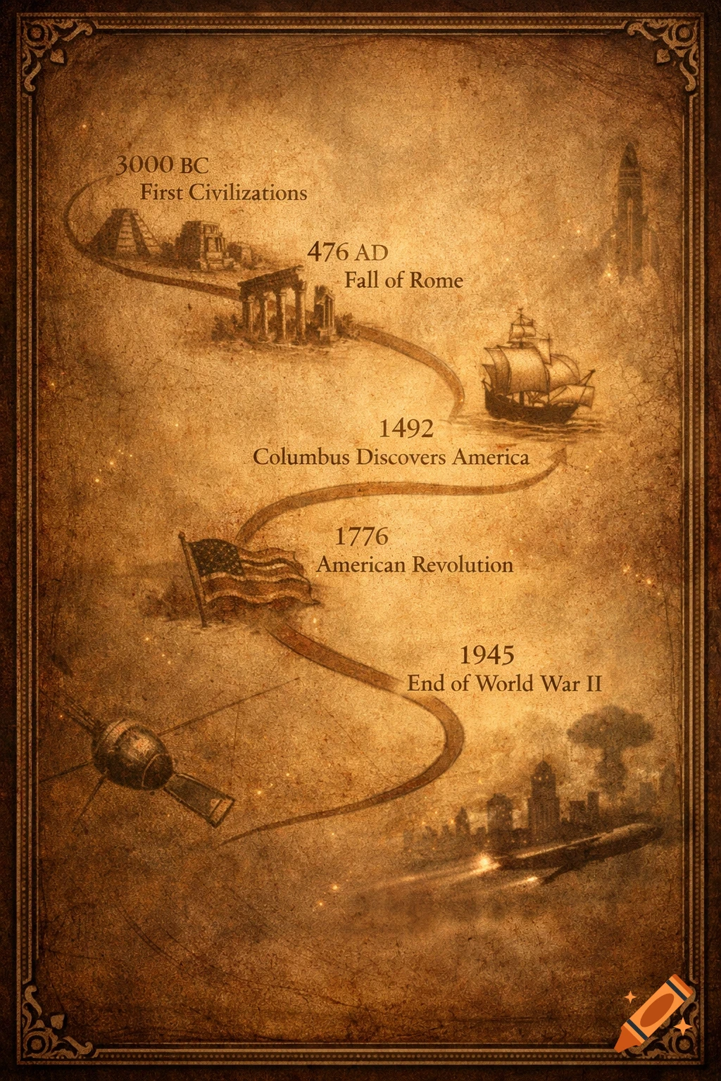 A vintage sepia-toned historical timeline on old parchment, depicting various events from ancient civilizations to World War II, with accompanying dates and descriptions.