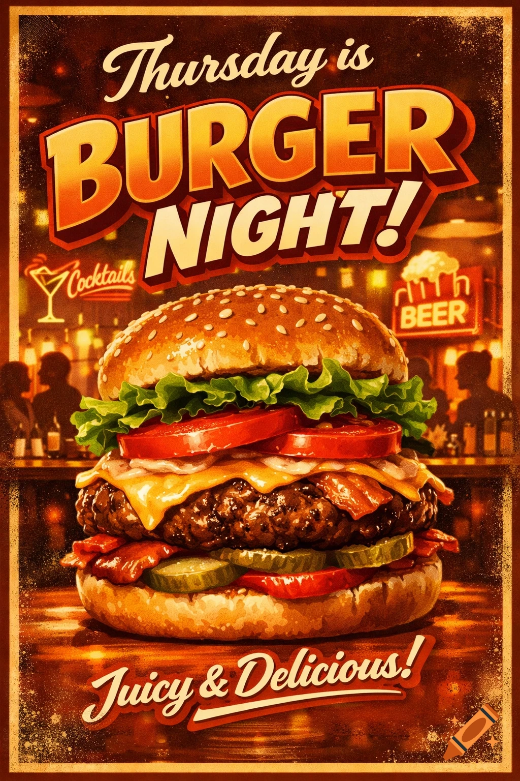 Retro poster for 'Thursday is Burger Night!' featuring a delicious burger with a bar in the background, text reads 'Juicy & Delicious!'.
