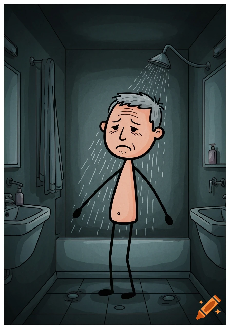 A sad, childlike stick-figure man showers in a gloomy bathroom.