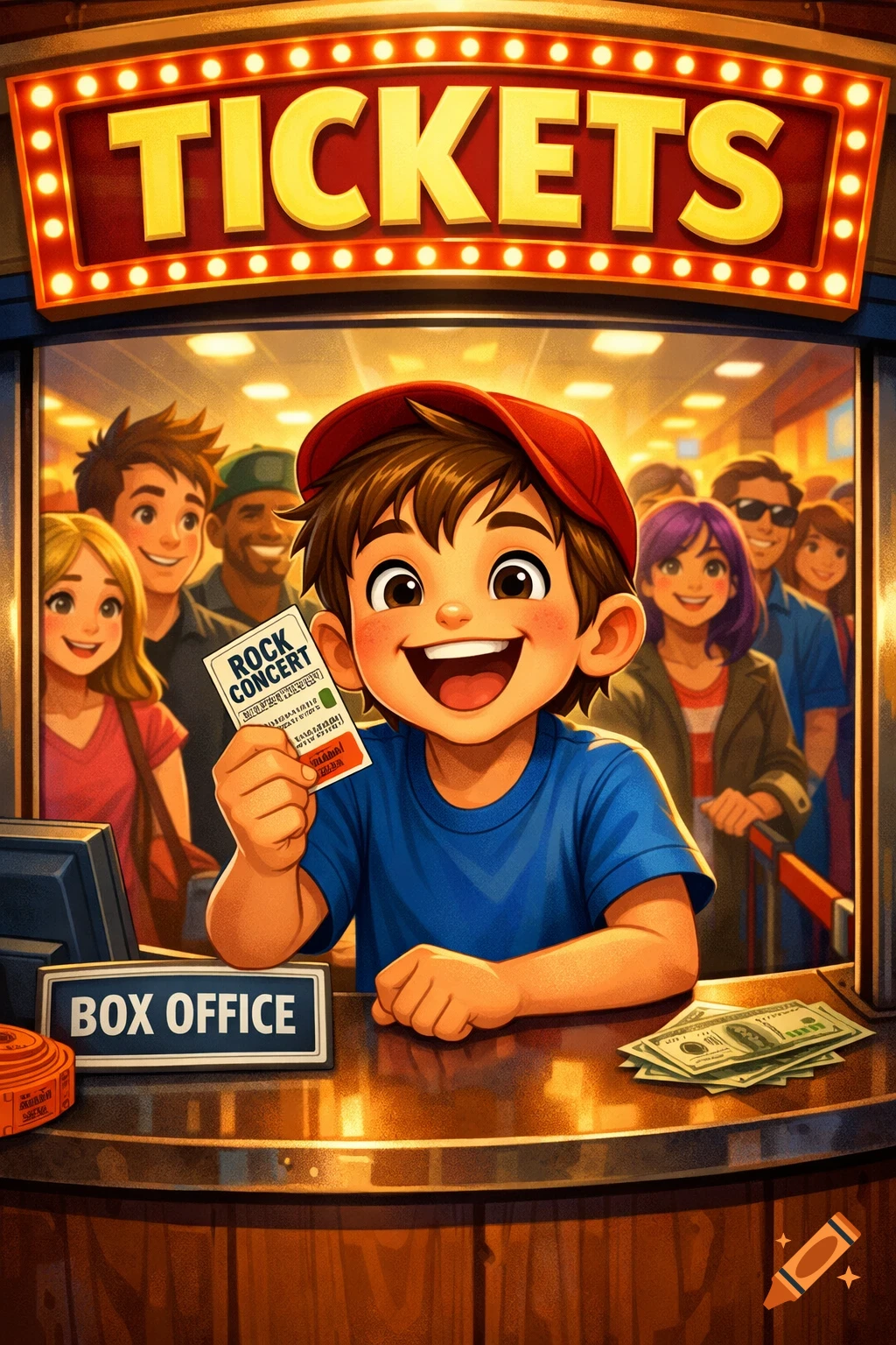 Happy cartoon boy in a red cap holds a 'Rock Concert' ticket at a box office with a 'Tickets' sign, a crowd waiting behind him.