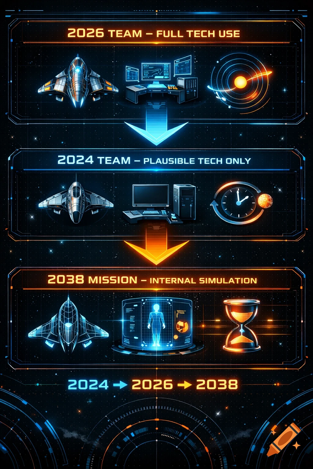 Vertical futuristic infographic with three sections on tech use across time zones, featuring spaceships, computers, and timelines, in sci-fi HUD style.