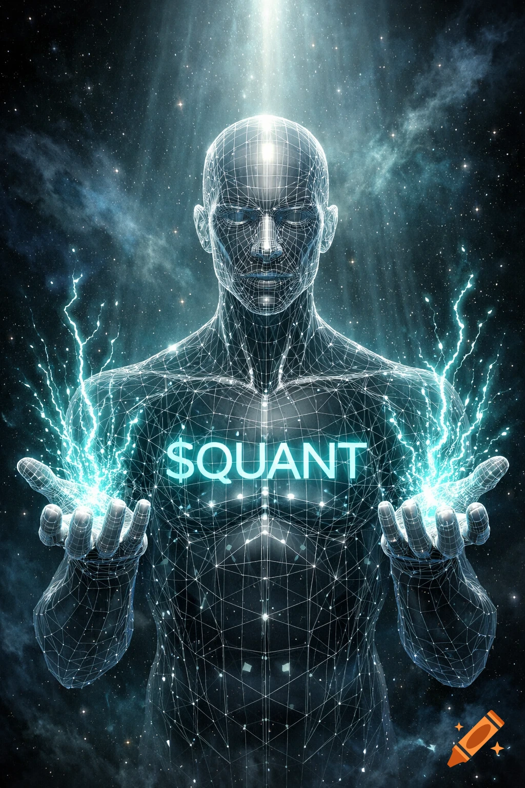 A digital art rendering of a wireframe humanoid figure in space, emitting turquoise energy, with '$QUANT' text on its chest.