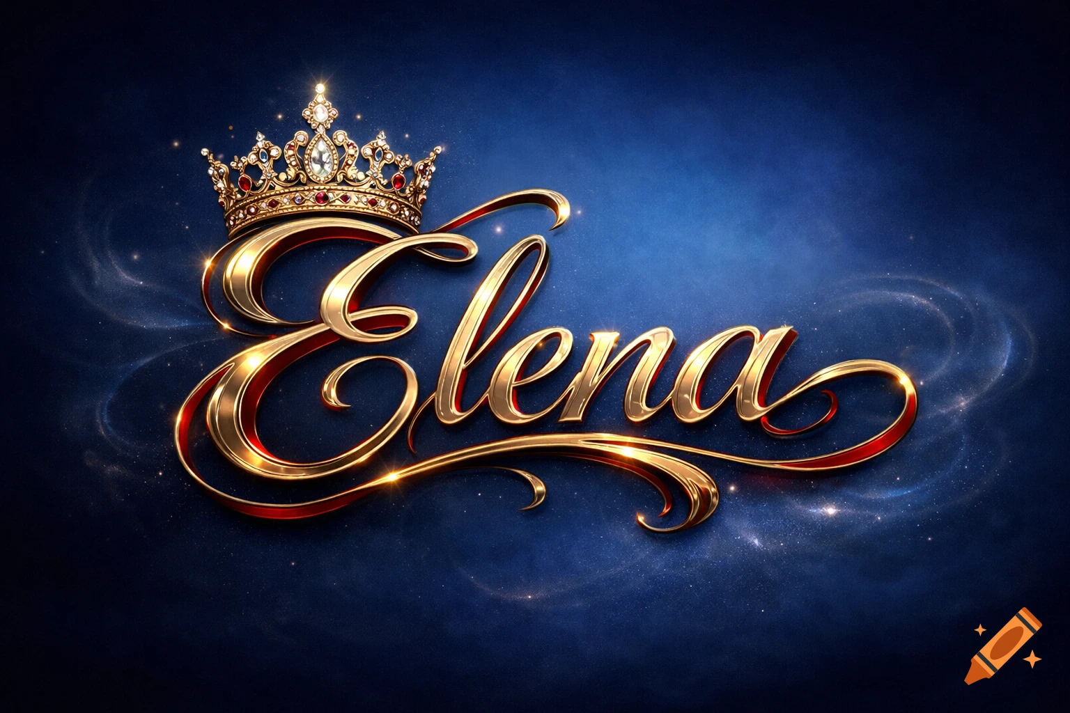 The name Elena in golden, flowing script with red accents, topped by an ornate jeweled crown, set against a sparkling deep blue background.