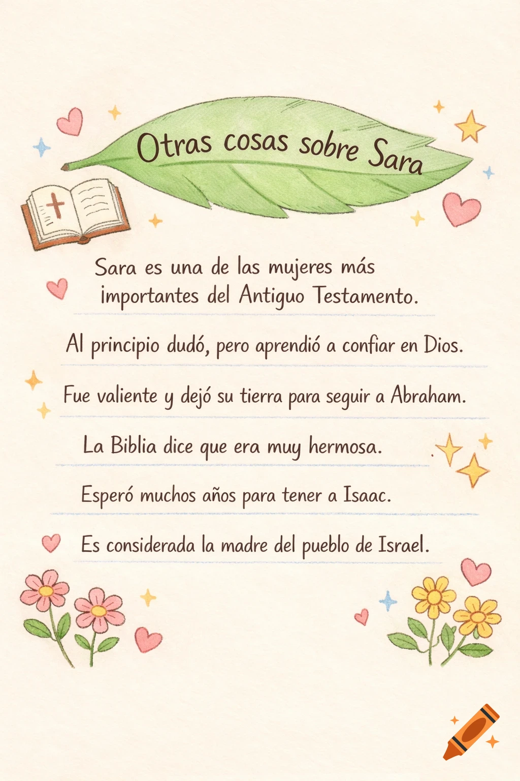 Pastel illustration about Sara from the Old Testament, with text, a Bible, hearts, stars, and flowers on a light background.