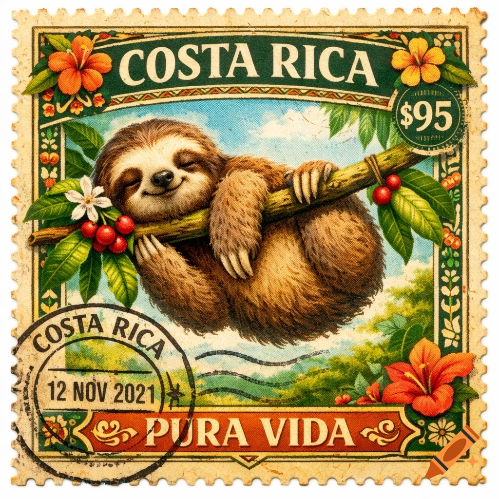 Vintage-style Costa Rican postage stamp featuring a smiling sloth on a branch with flowers and berries, text 'COSTA RICA' and 'PURA VIDA'.