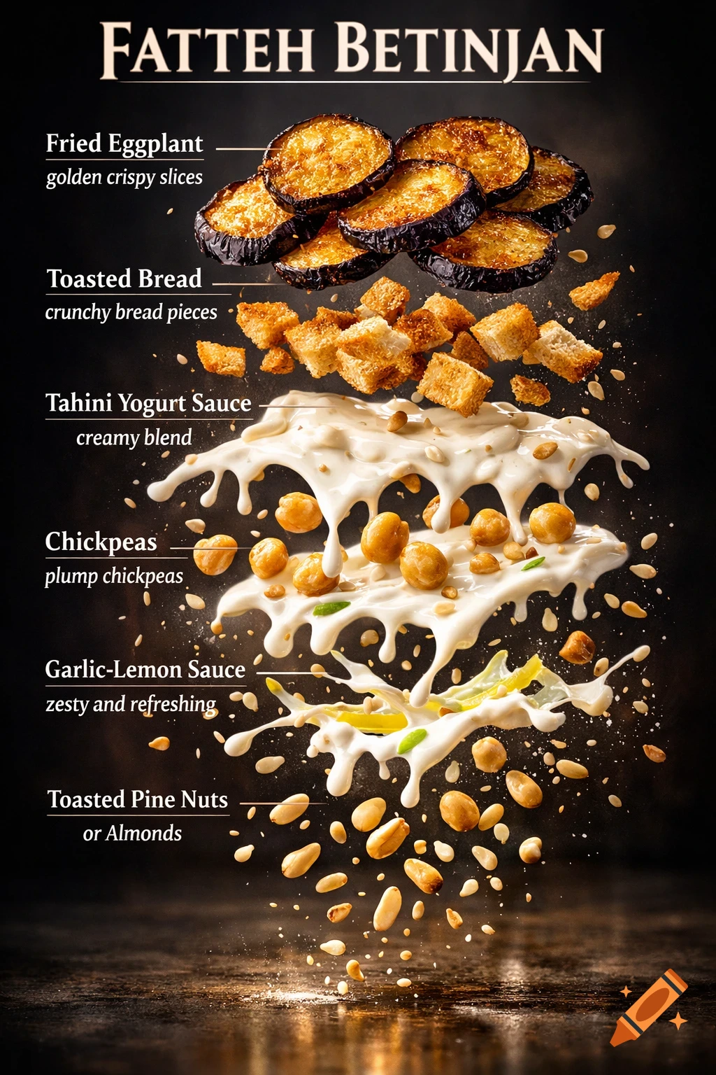 Deconstructed Fatteh Betinjan ingredients floating in mid-air, with labels: fried eggplant, toasted bread, tahini yogurt sauce, chickpeas, garlic-lemon sauce, and toasted pine nuts. Photorealistic style.