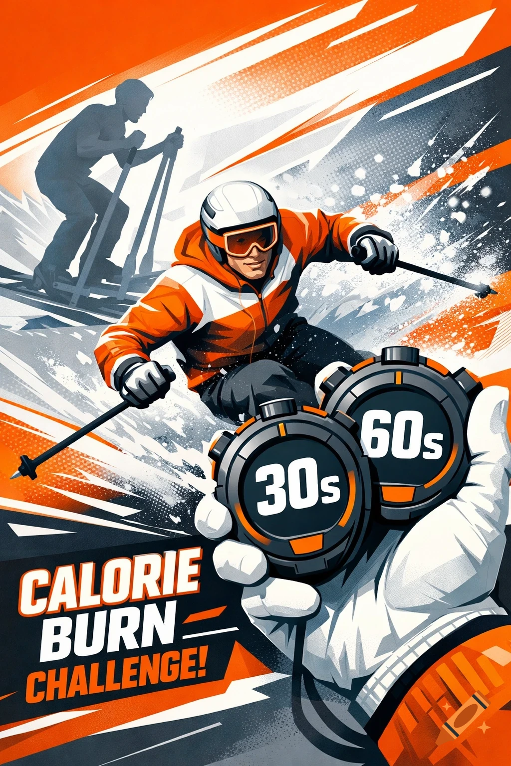 Dynamic poster of a skier in orange, a hand holding two stopwatches with '30s' and '60s', and 'CALORIE BURN CHALLENGE!' text.