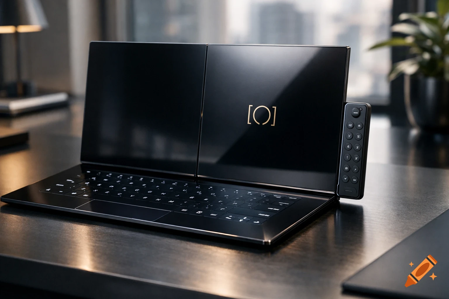 A sleek, black, dual-screen laptop with a gold '[O]' logo and a detached remote control on a dark desk in a modern office.