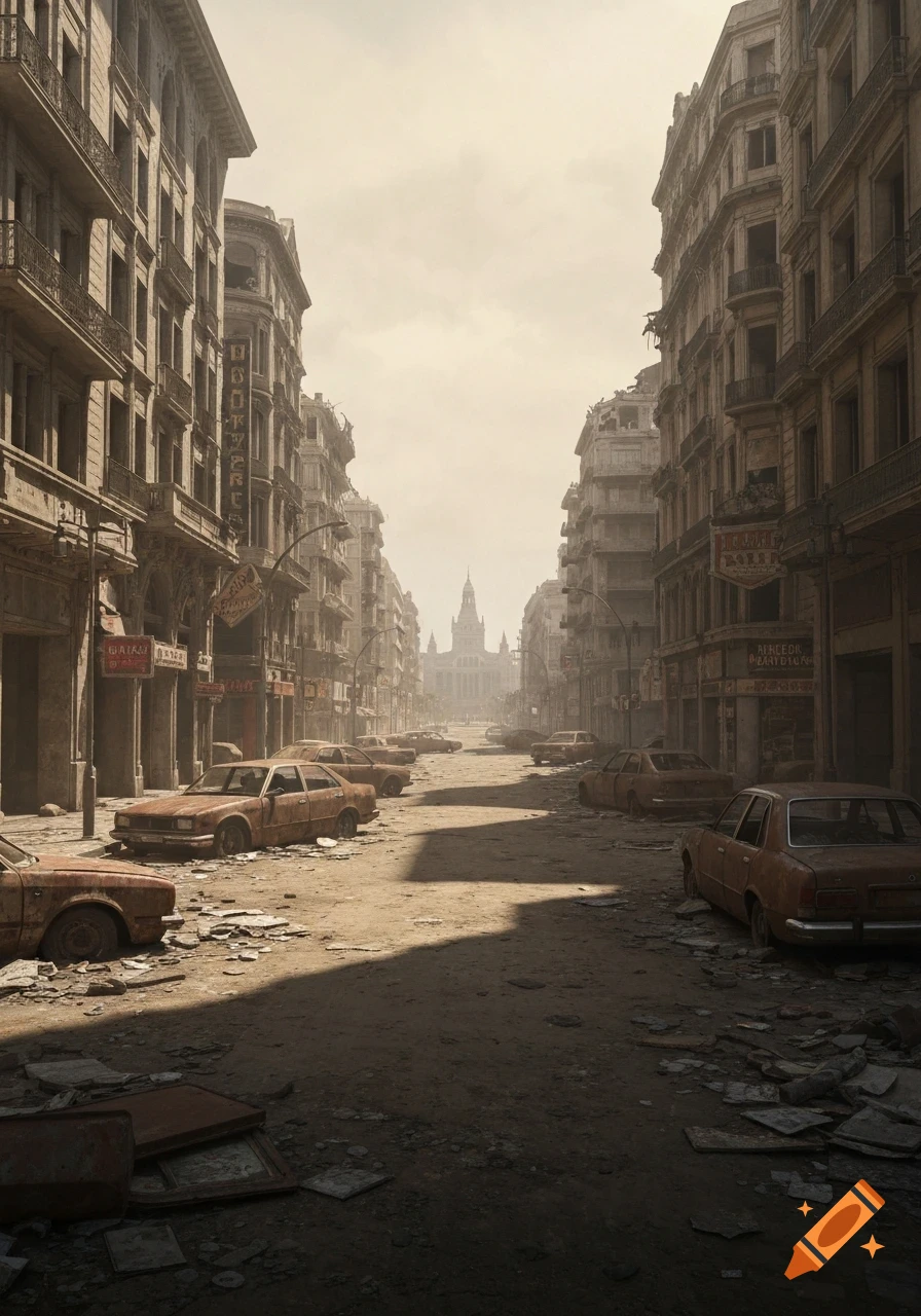 A desolate, post-apocalyptic city street with abandoned, rusty cars lining a dirt road. Crumbling, multi-story buildings rise on both sides, with a large, distant building visible at the end of the street under a hazy sky. Debris litters the ground.