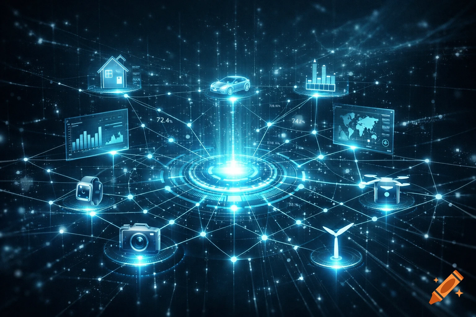 Glowing blue digital network connecting smart home, car, drone, camera, smartwatch, and wind turbine, representing the Internet of Things.